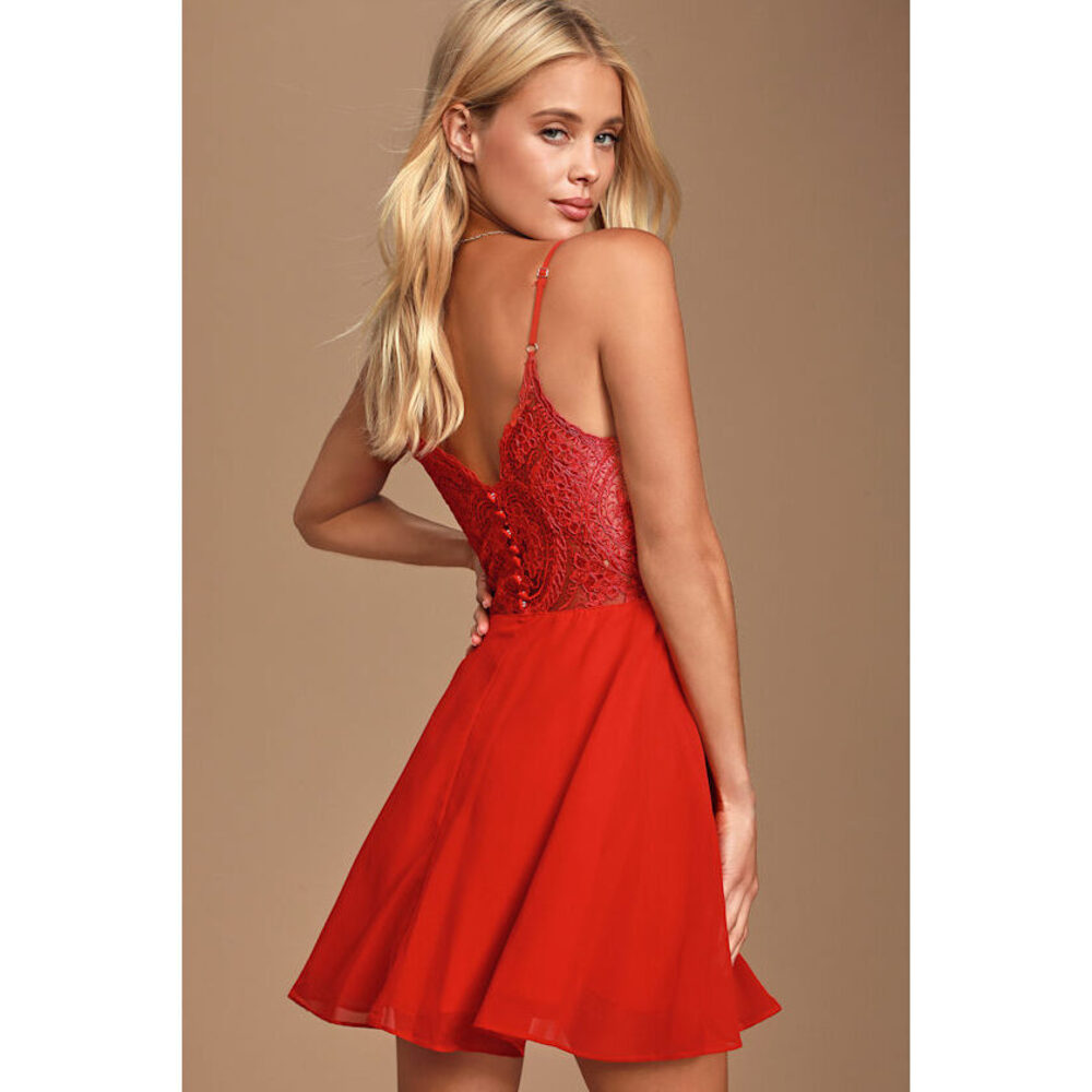 Lulus Flirting With Forever Red Lace Button Back Skater Dress - Size L
